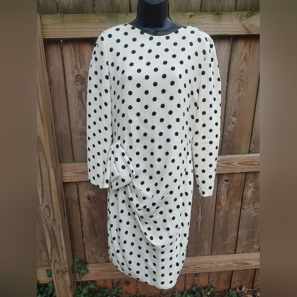 🏵️ CH By Caroline Herrera Silk 1980s VTG Polka Dot Shift Long Sleeve Dress